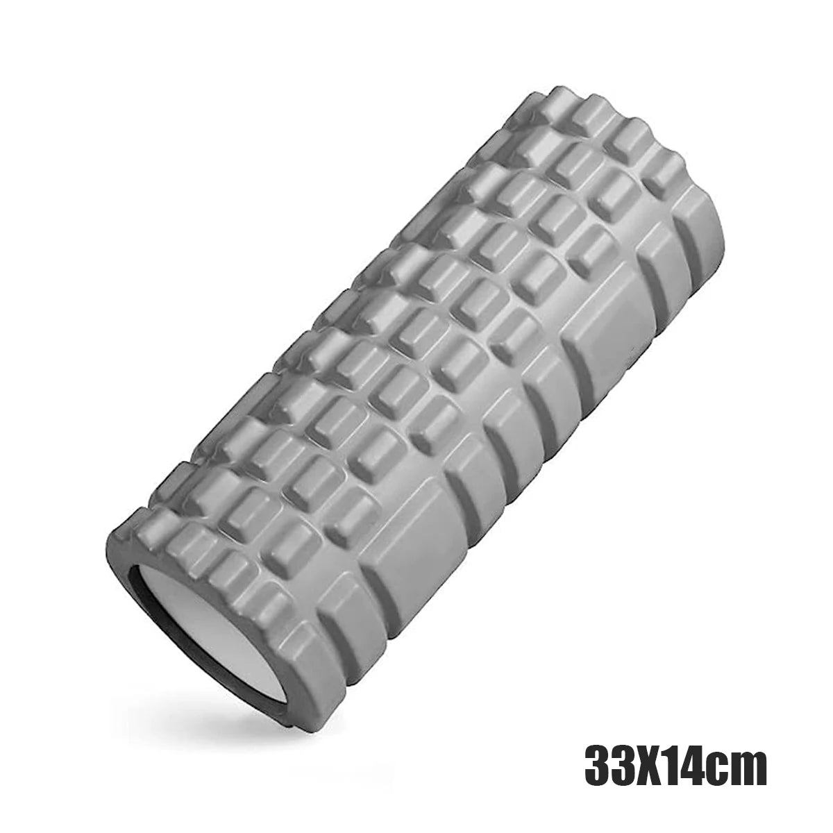 Gray foam roller with textured surface on a white background