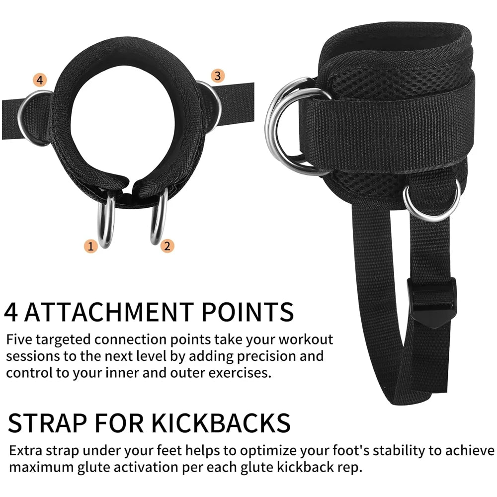 Black exercise strap with attachment points on a white background