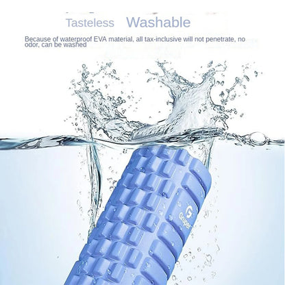 Blue foam roller with water splashes and text indicating washability and waterproof EVA material.