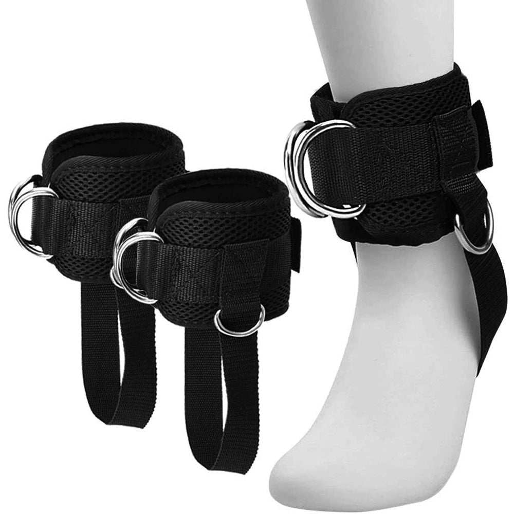 Black ankle straps with silver D-rings on a white background