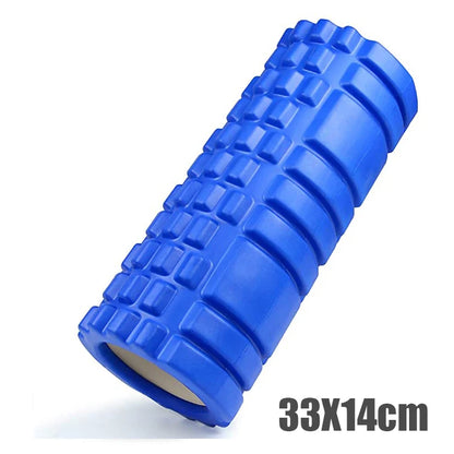 Blue foam roller with textured surface on a white background