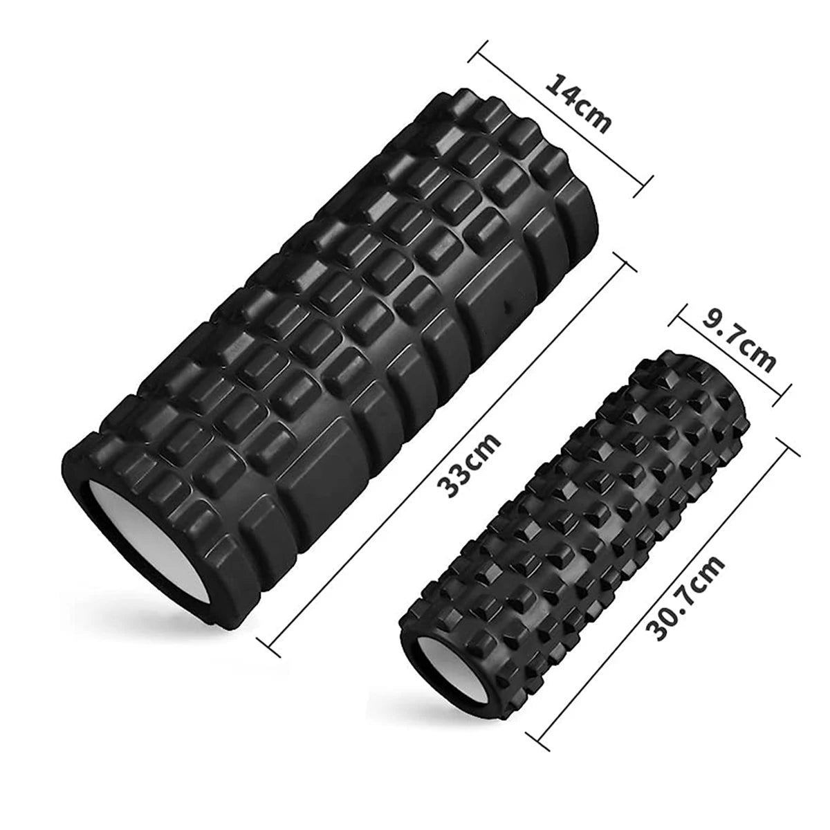 Black foam roller with measurements on a white background