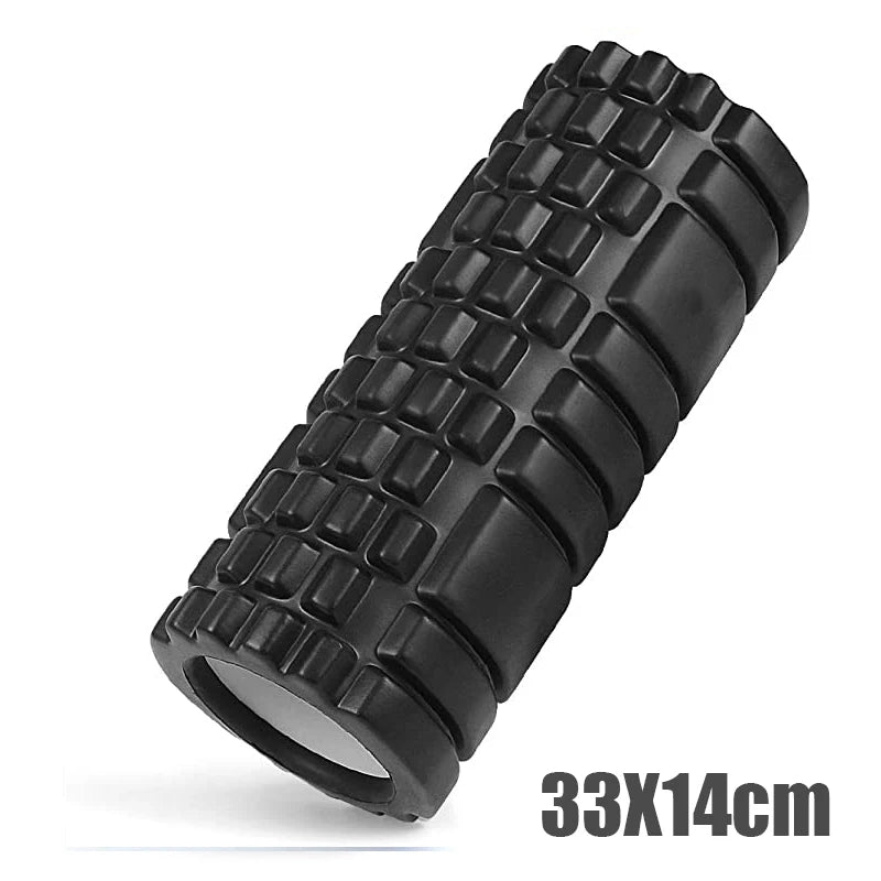 Black textured foam roller on a white background with dimensions '33X14cm' displayed.