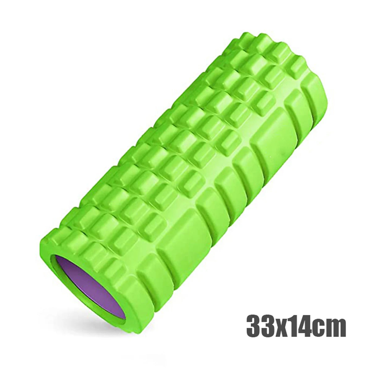 Green foam roller with purple center on a white background