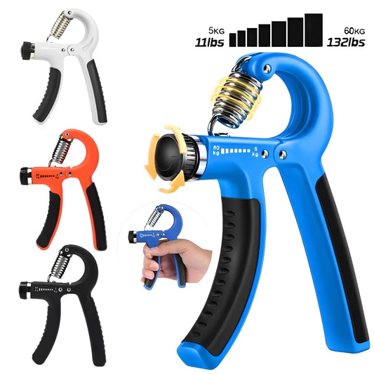 Set of hand grip strengthener tools with different colors and capacities on a white background.