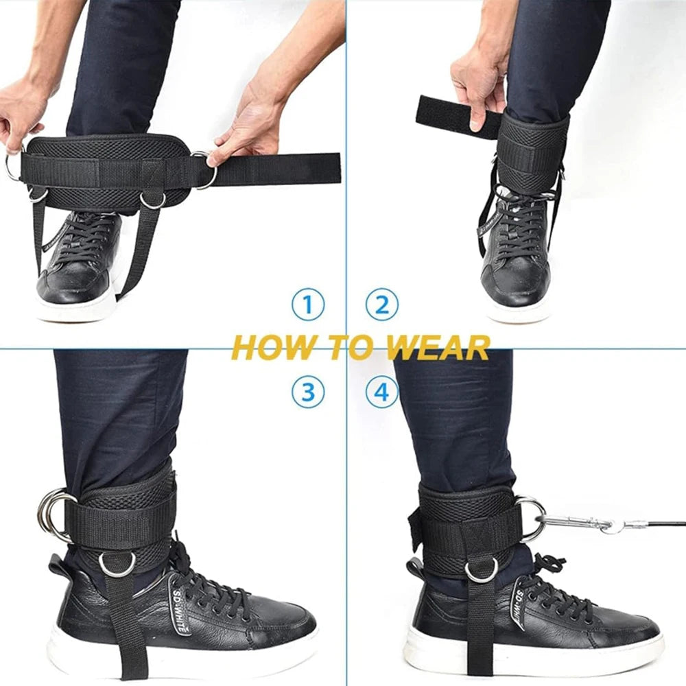 Step-by-step guide on how to wear a black ankle restraint.
