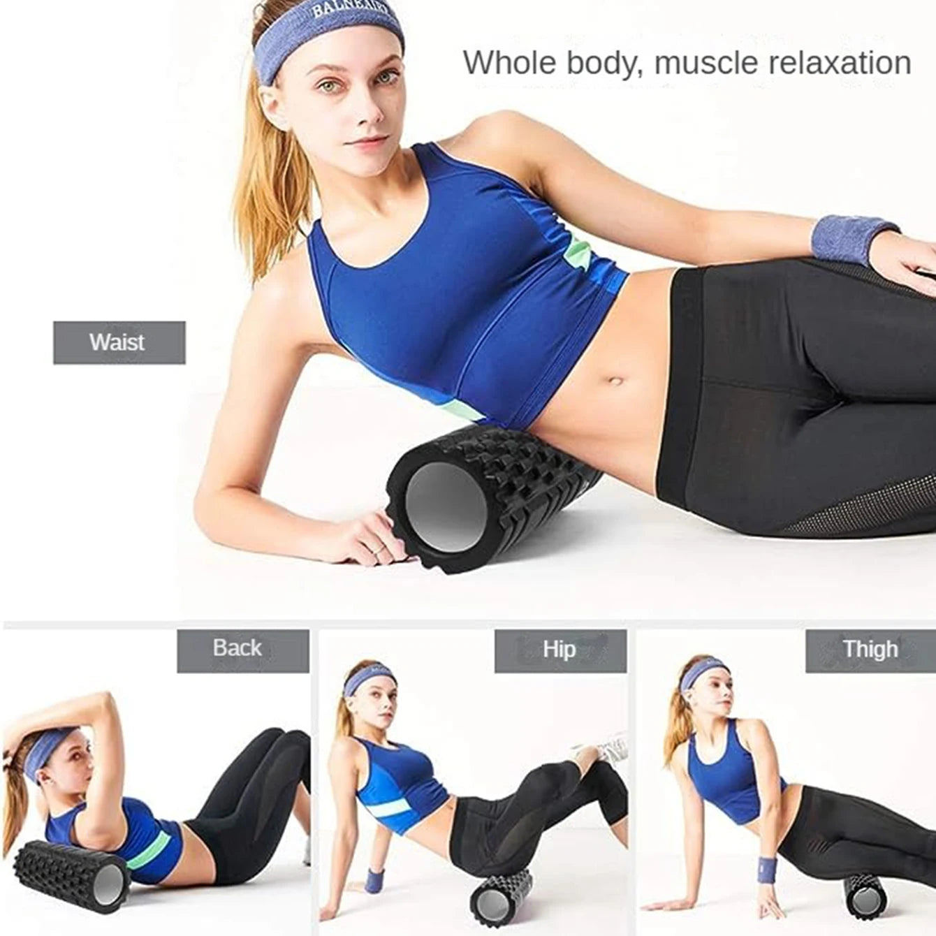 Woman using a foam roller on various body parts with text indicating muscle relaxation.