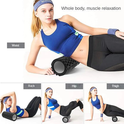 Woman using a foam roller on various body parts with text indicating muscle relaxation.