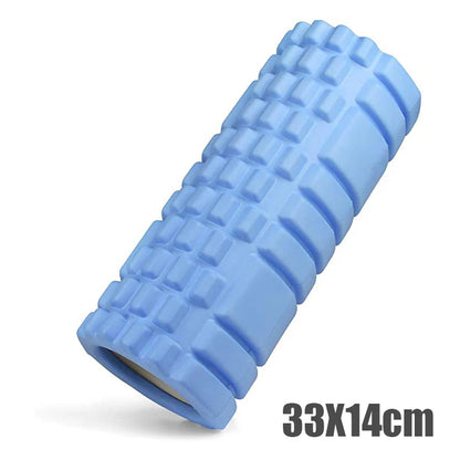 Blue foam roller with textured surface on a white background