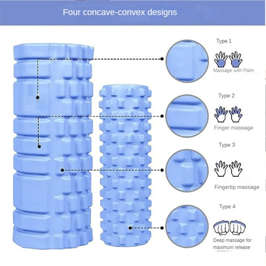 Blue foam roller with concave-convex designs and massage types illustrated on a white background.