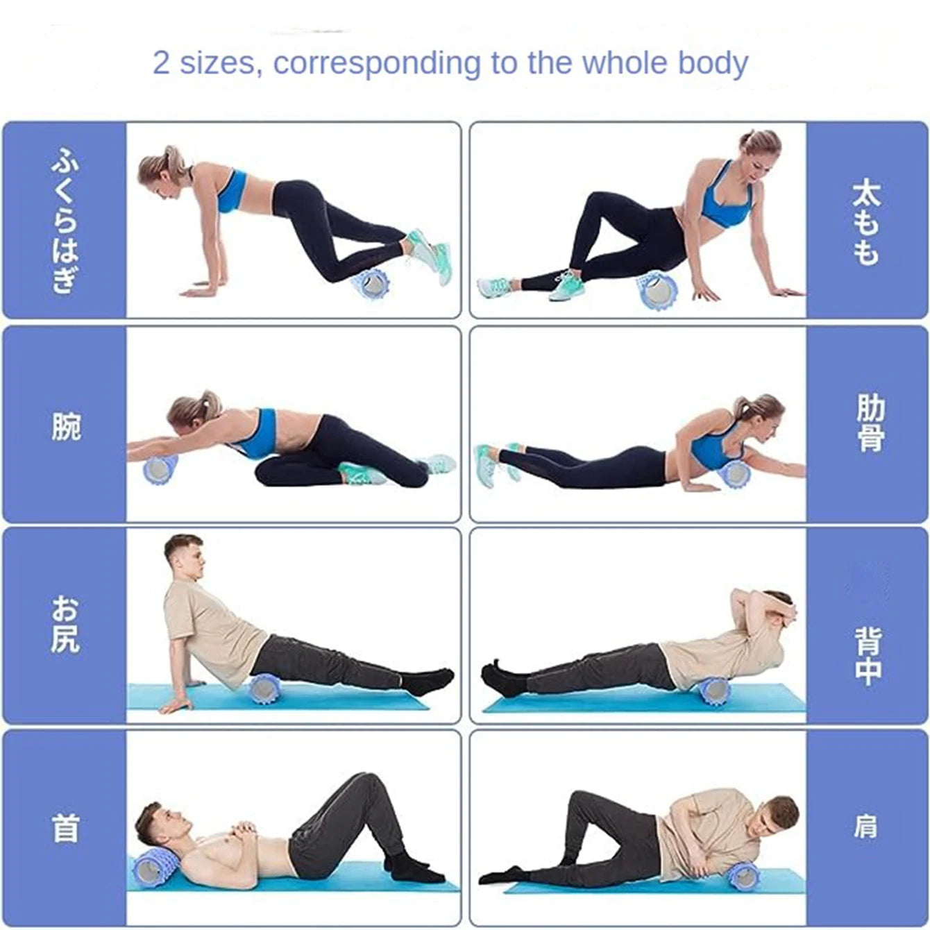 Grid of images showing a person using a foam roller on different body parts with corresponding labels.