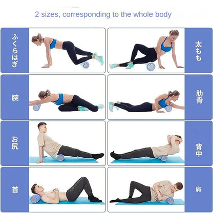 Grid of images showing a person using a foam roller on different body parts with corresponding labels.